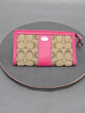 Coach Brown Signature Canvas Wristlet with Pink Leather Accents